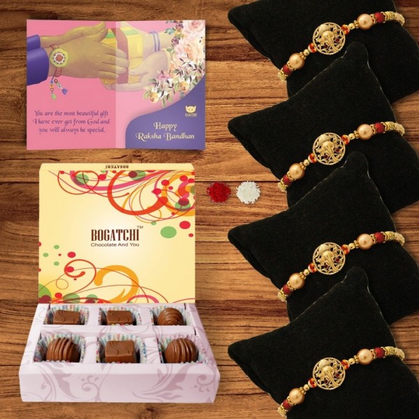 BOGATCHI 6 Chocolate Box 4 Rakhi Roli Chawal and Greeting Card A | Rakhi Special Chocolates | Rakhi Gift for Sister 